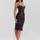 Lace Print Spaghetti Strap Midi Dress Sleeveless Backless Lace Dress
