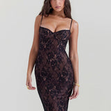 Lace Print Spaghetti Strap Midi Dress Sleeveless Backless Lace Dress