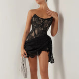 Lace Strapless Ruched Off-shoulder Mini Dress Lace Dress