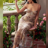 Spaghetti Strap Sleeveless Lace-up Split Club Party Tank Floral Dress