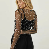 Pearl Mesh See Through T-shirt Long Sleeve Pullover Ladies Summer U Neck Sexy Tee Shirt Tops Blouse