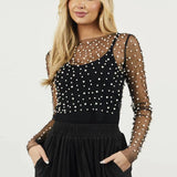 Pearl Mesh See Through T-shirt Long Sleeve Pullover Ladies Summer U Neck Sexy Tee Shirt Tops Blouse