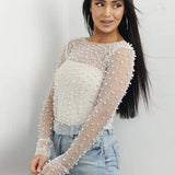 Pearl Mesh See Through T-shirt Long Sleeve Pullover Ladies Summer U Neck Sexy Tee Shirt Tops Blouse