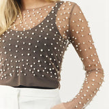 Pearl Mesh See Through T-shirt Long Sleeve Pullover Ladies Summer U Neck Sexy Tee Shirt Tops Blouse