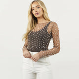 Pearl Mesh See Through T-shirt Long Sleeve Pullover Ladies Summer U Neck Sexy Tee Shirt Tops Blouse