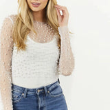 Pearl Mesh See Through T-shirt Long Sleeve Pullover Ladies Summer U Neck Sexy Tee Shirt Tops Blouse