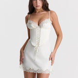 Satin Lace Spaghetti Strap Mini Dress Lace-up Backless Sexy Dress