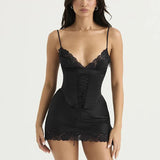 Satin Lace Spaghetti Strap Mini Dress Lace-up Backless Sexy Dress