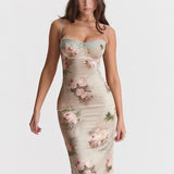 Spaghetti Strap Lace Print Midi Dress Backless Club Party Floral Dress