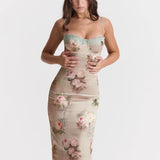 Spaghetti Strap Lace Print Midi Dress Backless Club Party Floral Dress