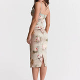 Spaghetti Strap Lace Print Midi Dress Backless Club Party Floral Dress