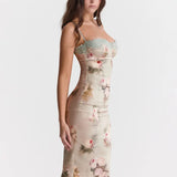 Spaghetti Strap Lace Print Midi Dress Backless Club Party Floral Dress
