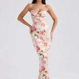 Spaghetti Strap Sleeveless Backless Bodycon Back Split Maxi Floral Dress