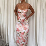 Spaghetti Strap Sleeveless Backless Bodycon Back Split Maxi Floral Dress