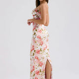 Spaghetti Strap Sleeveless Backless Bodycon Back Split Maxi Floral Dress