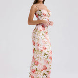 Spaghetti Strap Sleeveless Backless Bodycon Back Split Maxi Floral Dress