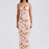 Spaghetti Strap Sleeveless Backless Bodycon Back Split Maxi Floral Dress