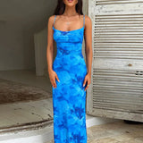 Spaghetti Strap Maxi Dress Sleeveless Backless Fashion Floral Dress