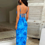 Spaghetti Strap Maxi Dress Sleeveless Backless Fashion Floral Dress