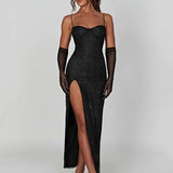 Sparkle Maxi Dress New Spaghetti Strap Backless Sleeveless Lace Dress