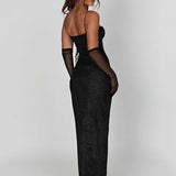 Sparkle Maxi Dress New Spaghetti Strap Backless Sleeveless Lace Dress