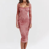 Collar Long Sleeve Print Bodycon Midi Floral Dress