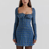 Tartan Square Collar Lace-up A-line Mini Dress Spring Floral Dress