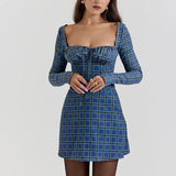 Tartan Square Collar Lace-up A-line Mini Dress Spring Floral Dress