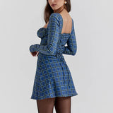 Tartan Square Collar Lace-up A-line Mini Dress Spring Floral Dress