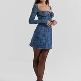 Tartan Square Collar Lace-up A-line Mini Dress Spring Floral Dress