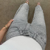 Premium Wide Leg Diamanté Denim Jeans in Storm Grey