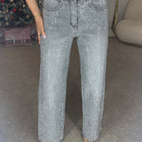 Premium Wide Leg Diamanté Denim Jeans in Storm Grey
