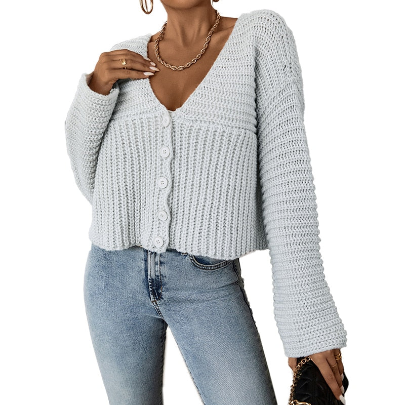Suede Wool Long Sleeves V Neck Buttons Up Sea Blue Short Knit Open Cardigan