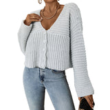 Suede Wool Long Sleeves V Neck Buttons Up Sea Blue Short Knit Open Cardigan