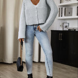 Suede Wool Long Sleeves V Neck Buttons Up Sea Blue Short Knit Open Cardigan