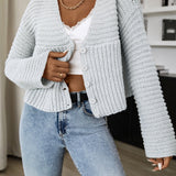 Suede Wool Long Sleeves V Neck Buttons Up Sea Blue Short Knit Open Cardigan