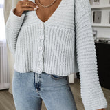 Suede Wool Long Sleeves V Neck Buttons Up Sea Blue Short Knit Open Cardigan