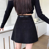 New Autumn Winter Corduroy Womens Vintage Buttons High Wasit A-line Mini Pleated Korean Woman Short Skirt