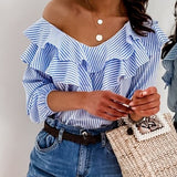New Blue Striped Ruffles Collar Blouse for Lady Half Sleeve V-Neck Shirts