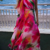 Colorful Gradient Print Skew Collar Bow Boho Dress