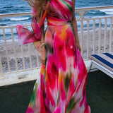 Colorful Gradient Print Skew Collar Bow Boho Dress