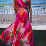 Colorful Gradient Print Skew Collar Bow Boho Dress