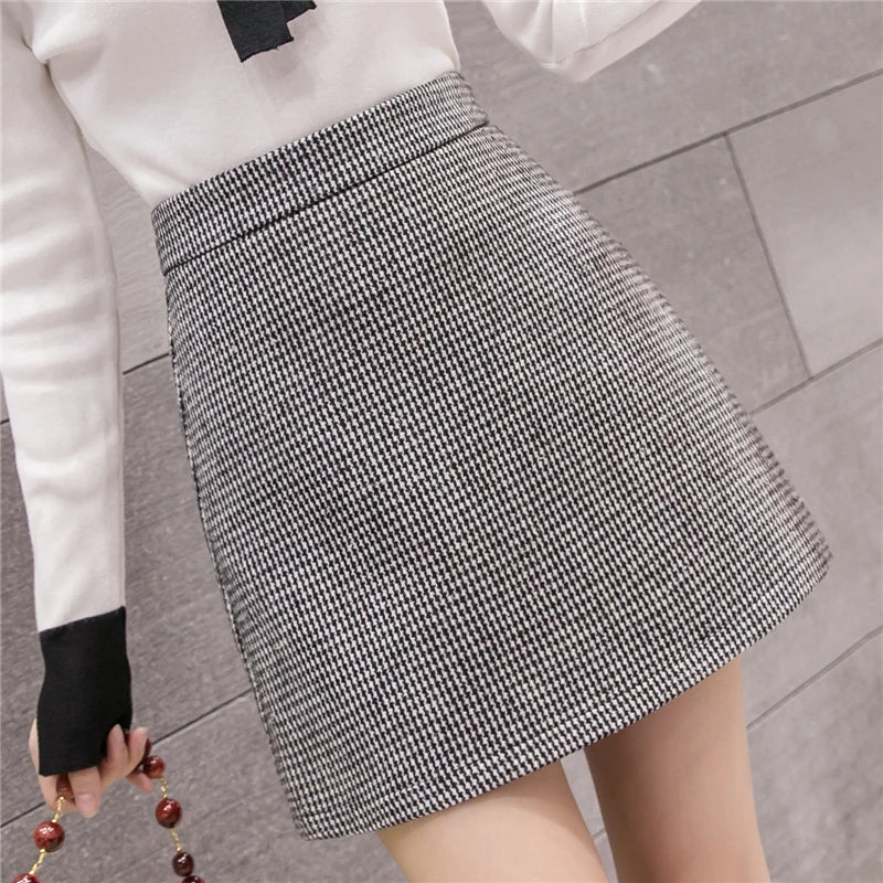 New Fashion Plaid A-Line Mini Women Autumn Winter High Waist Woolen Female Casual All-match Short Skirt