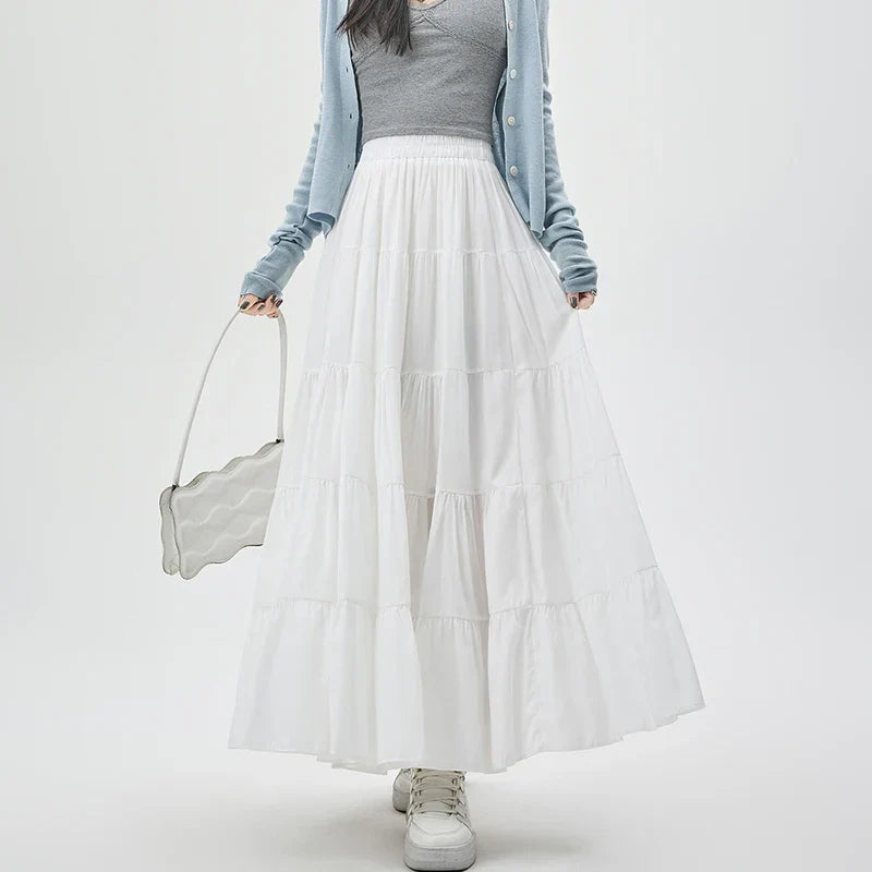 New Fashion Women Layered 2025 Spring Summer High Waist A-line Long Ladies Holiday Style Casual Loose Skirt