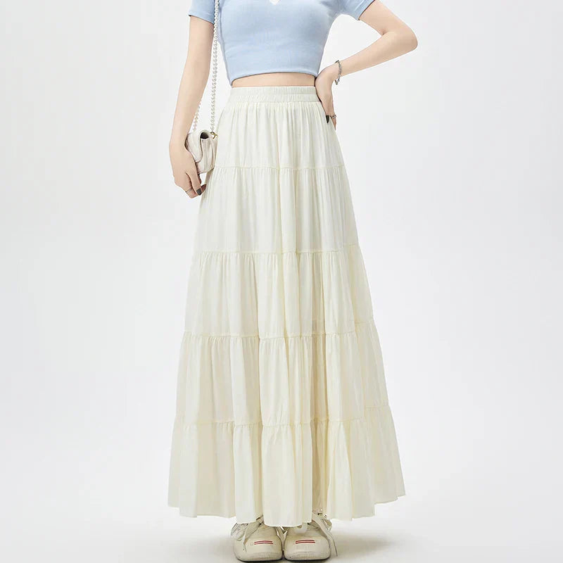New Fashion Women Layered 2025 Spring Summer High Waist A-line Long Ladies Holiday Style Casual Loose Skirt
