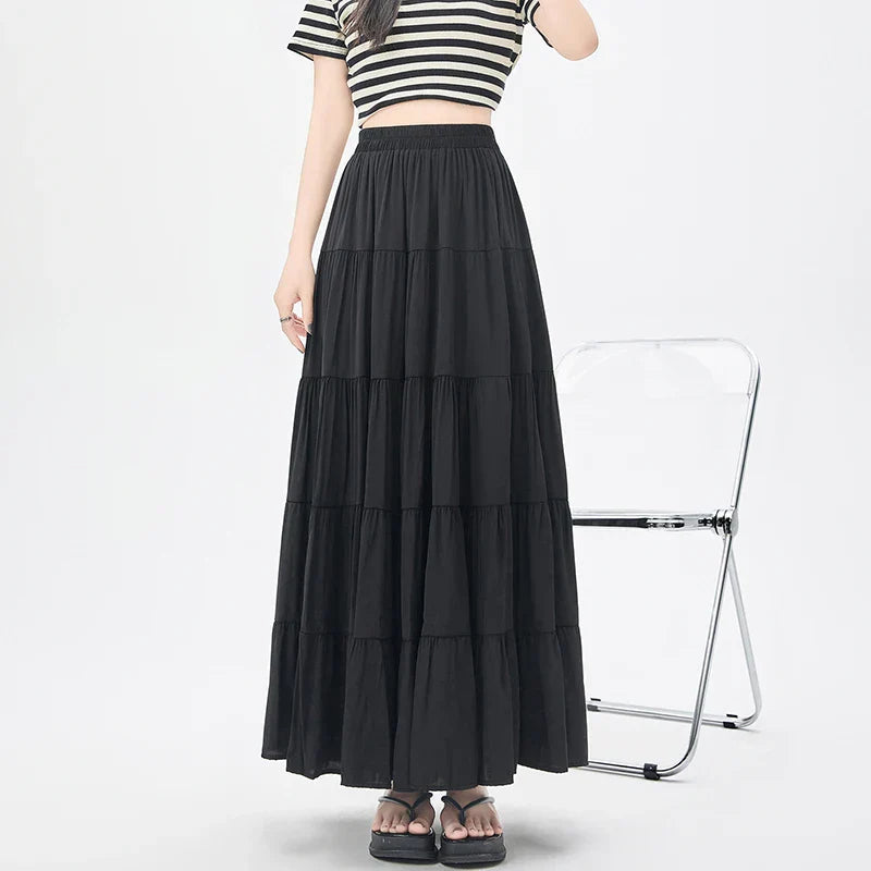 New Fashion Women Layered 2025 Spring Summer High Waist A-line Long Ladies Holiday Style Casual Loose Skirt