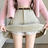 New Korean Fashion High Waist A-line Mini Pleated Women Autumn Winter Woolen Woman Casual Wool Short Skirt