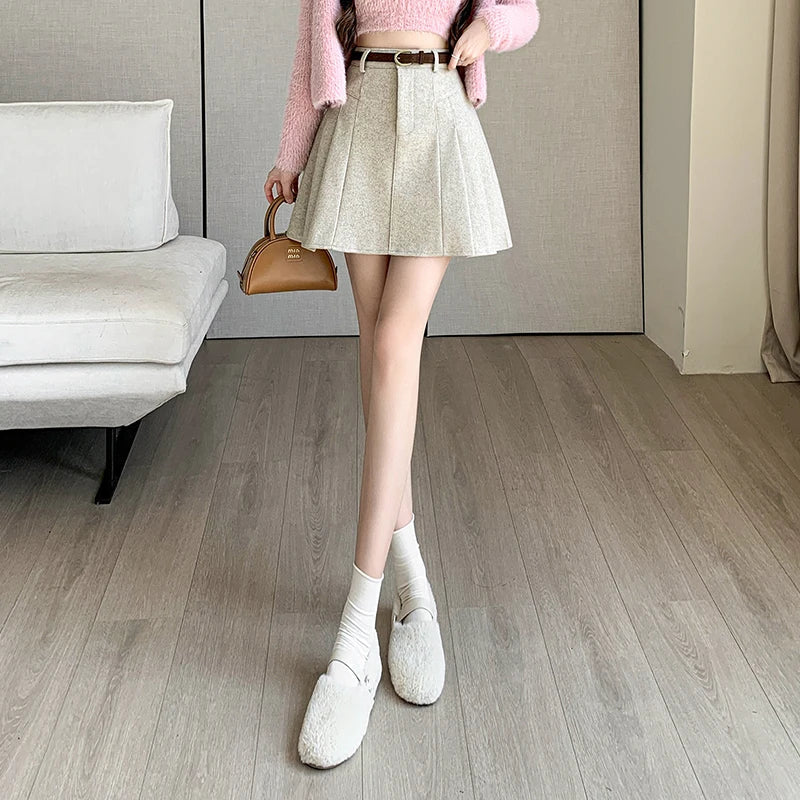 New Korean Fashion High Waist A-line Mini Pleated Women Autumn Winter Woolen Woman Casual Wool Short Skirt