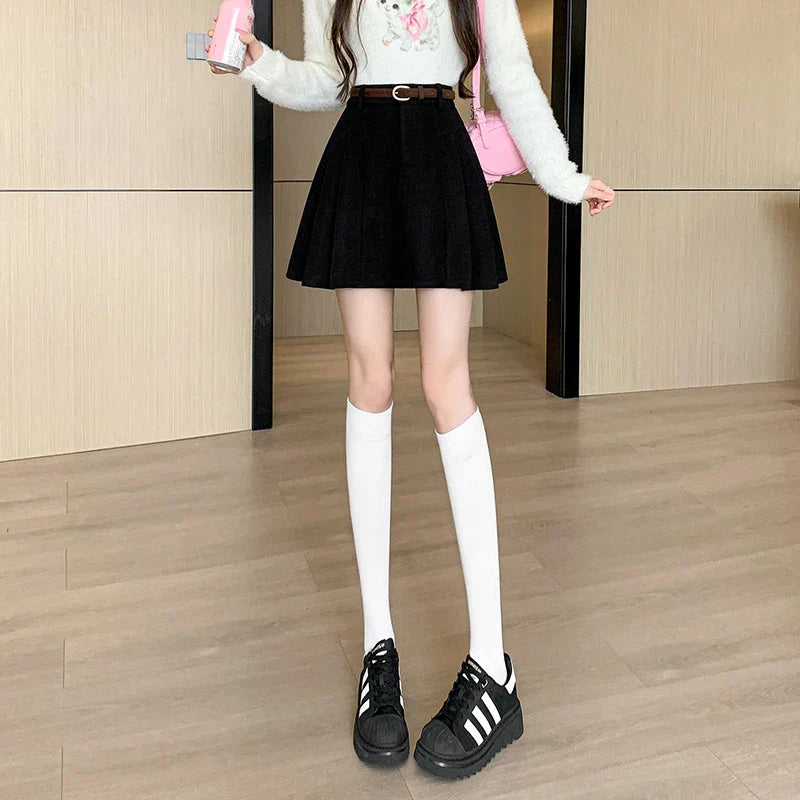 New Korean Fashion High Waist A-line Mini Pleated Women Autumn Winter Woolen Woman Casual Wool Short Skirt