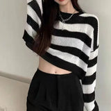 New Korean Style Cropped Vintage Oversize Knit Jumper Autumn Long Sleeve O-neck Pullover Sweater